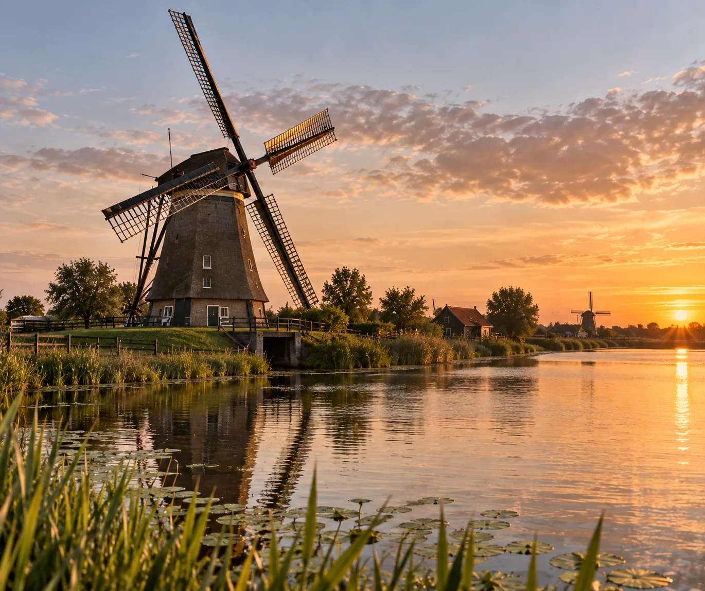 Dutch windmill landscape at sunset